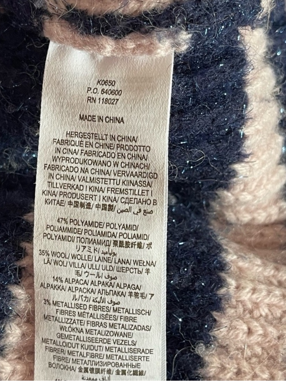 Boden Striped Sparkle Crewneck Sweater in Pink, Navy & Tan, Wool blend, Sz 8(M) - Picture 3 of 10